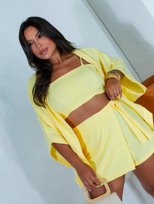 Conjunto feminino cropped e saia com kimono