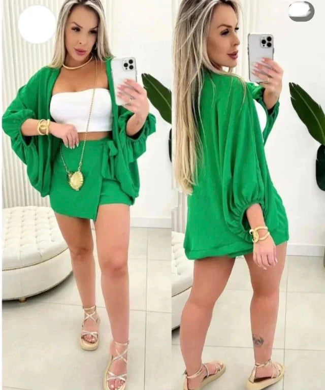 Conjunto feminino cropped e saia com kimono