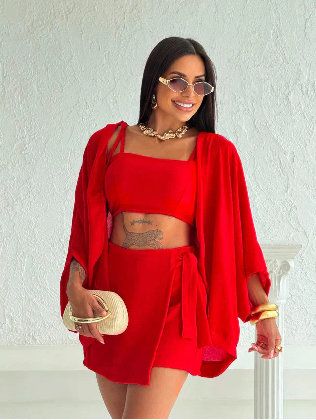 Conjunto feminino cropped e saia com kimono
